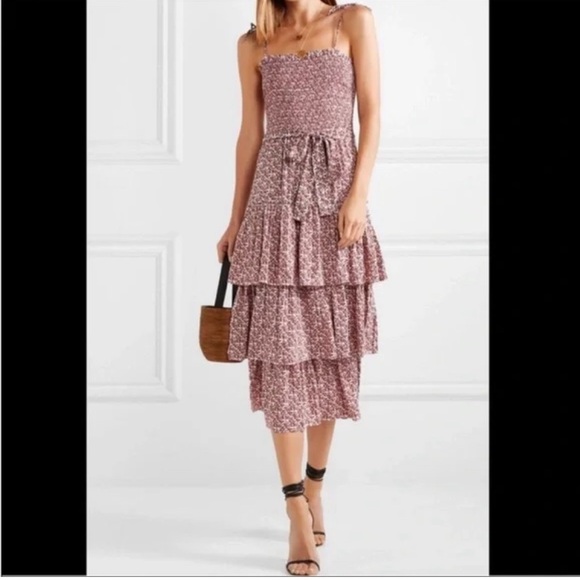 Tory Burch Wild Pansy Smocked Bodice Layered Floral Midi Dress Size L - Picture 1 of 7